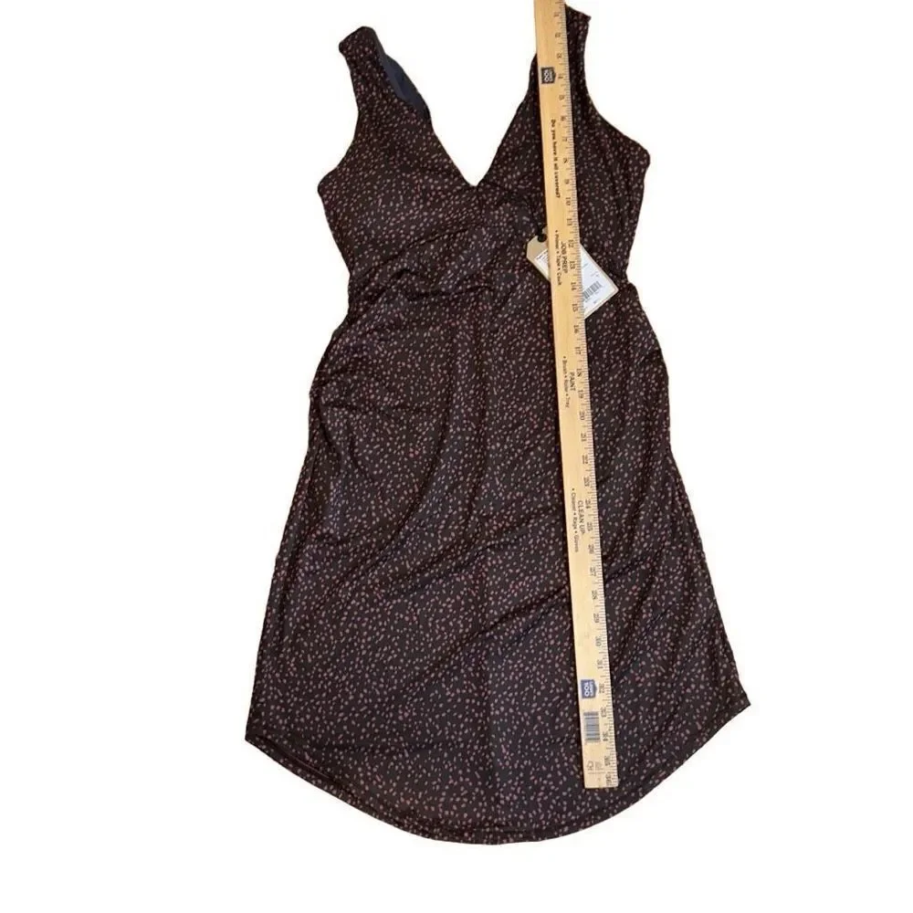 prAna NWT Pearl Isla Dress Empire waist, Ruched in MED color Deep Pine Spots